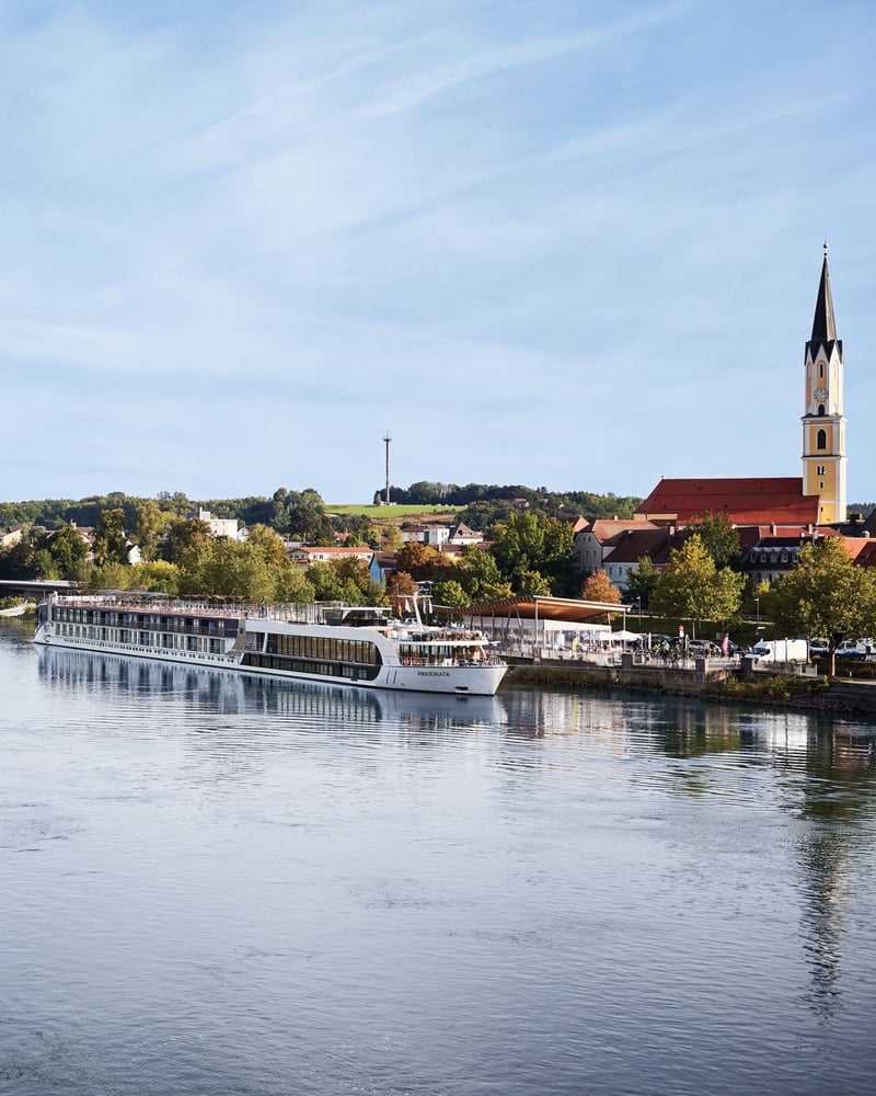 The AmaSonata docked in Vilshofen, Germany, with the Danube River in the foreground.