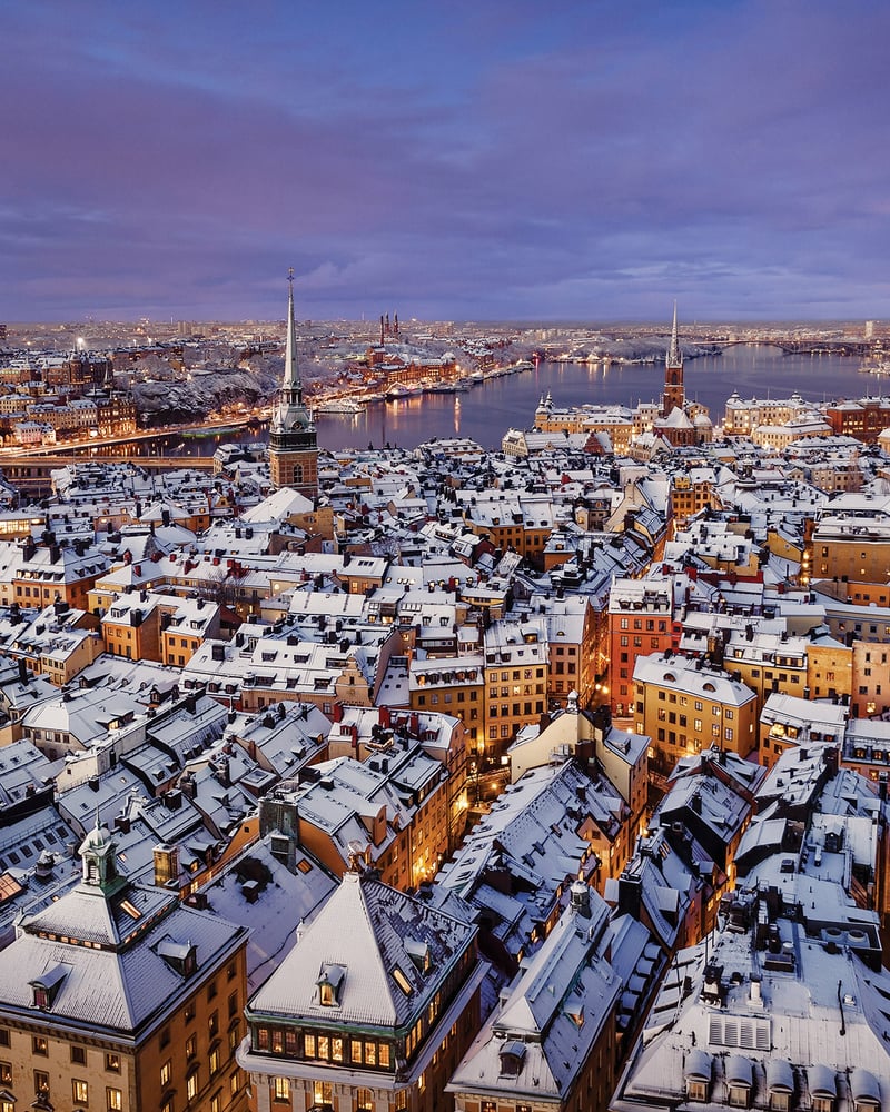 Snow-covered rooftops in Stockholm.