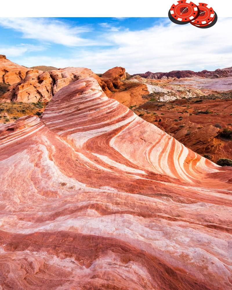 The orange, pink, and white striations in Valley of Fire State Park’s sandstone formations.