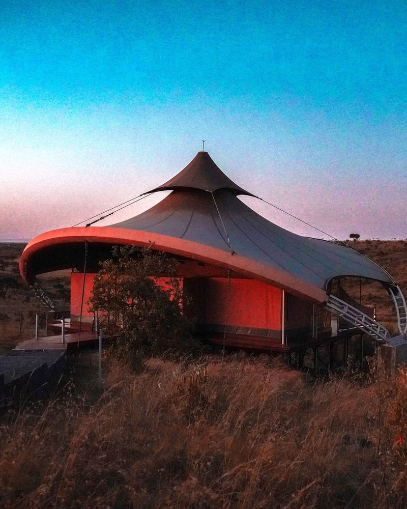 A tent at Mahali Mzuri, photographed at sunset.