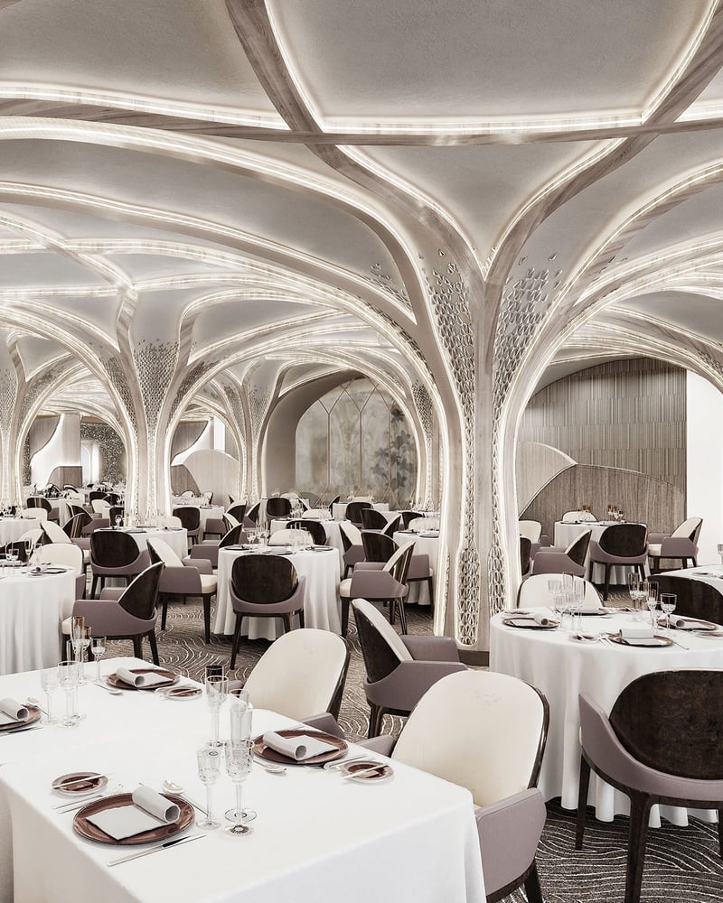 Compass Rose restaurant features elaborate columns designed to look like crystalline trees.