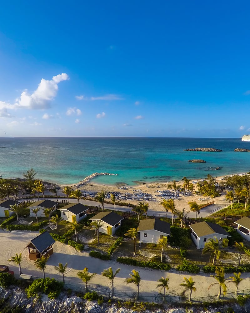 An overhead image of the shores of the palm-tree lined Infinity Beach on Great Stirrup Cay.
