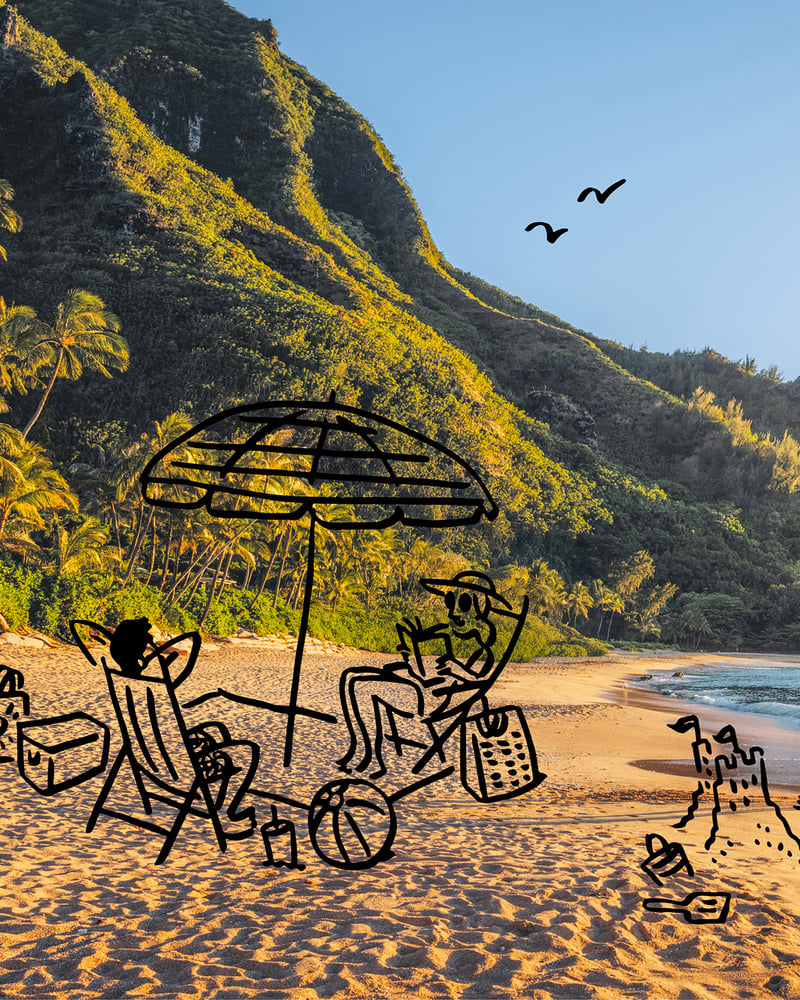 An illustration of a couple relaxing on seats under a beach umbrella is set over a photo of a beach backed by a green hill.