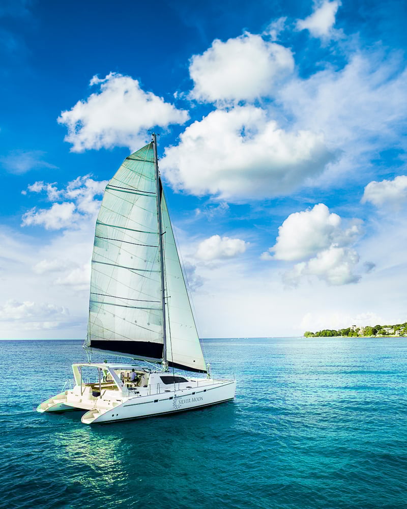 On a sunny day with cumulus clouds in the sky, a catamaran is anchored in the bright-blue sea off the coast of Barbados.