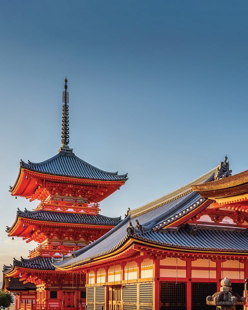 Kyoto’s Kiyomizudera temple with its pagoda and traditional wooden architecture.