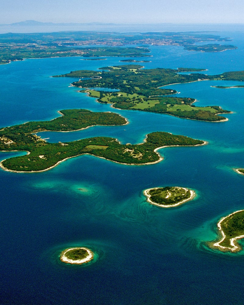 An overhead view of islands in Croatia’s Brijuni National Park.