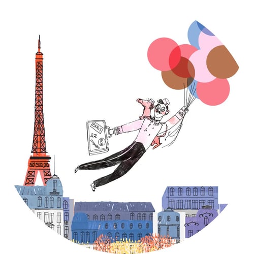A whimsical illustration of Vincent Moustache holding on to balloons and floating over Paris.