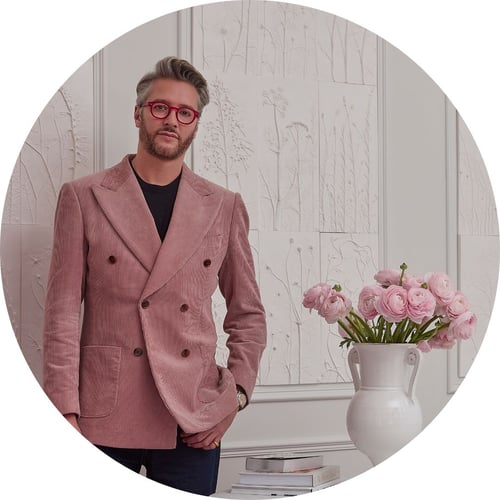 Jacu Strauss, wearing red glasses and a red blazer, gazes at the camera.