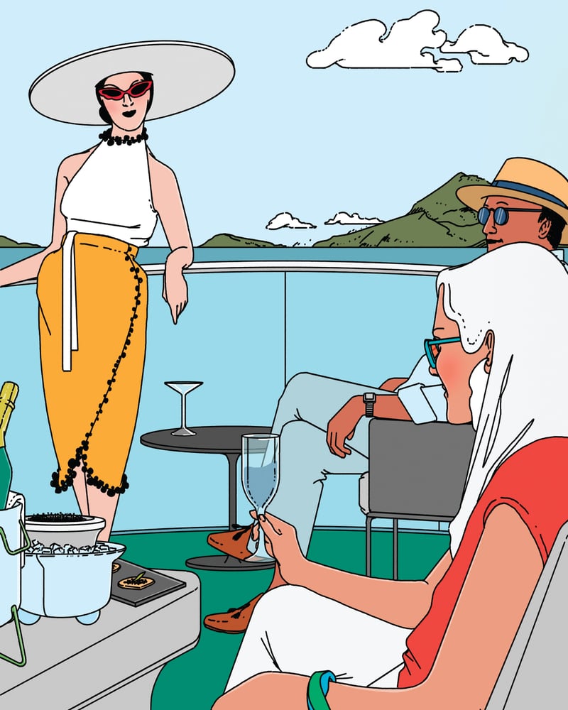 A colorful illustration shows three travelers together on the deck of their suite aboard the Silver Nova.