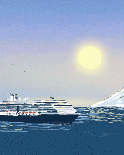 An animation of the moon sliding over the sun during a solar eclipse, with a cruise ship watching from below surrounded by icebergs and colorful houses.