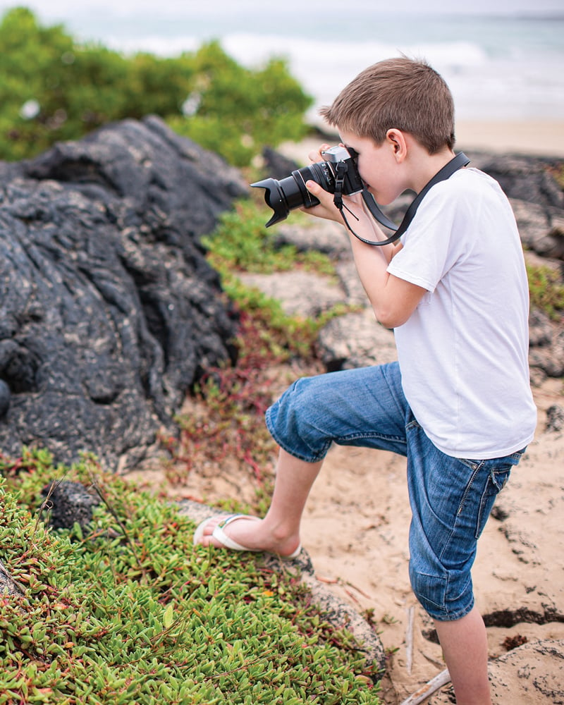 A young boy photographs marine iguanas in the Galápagos.
