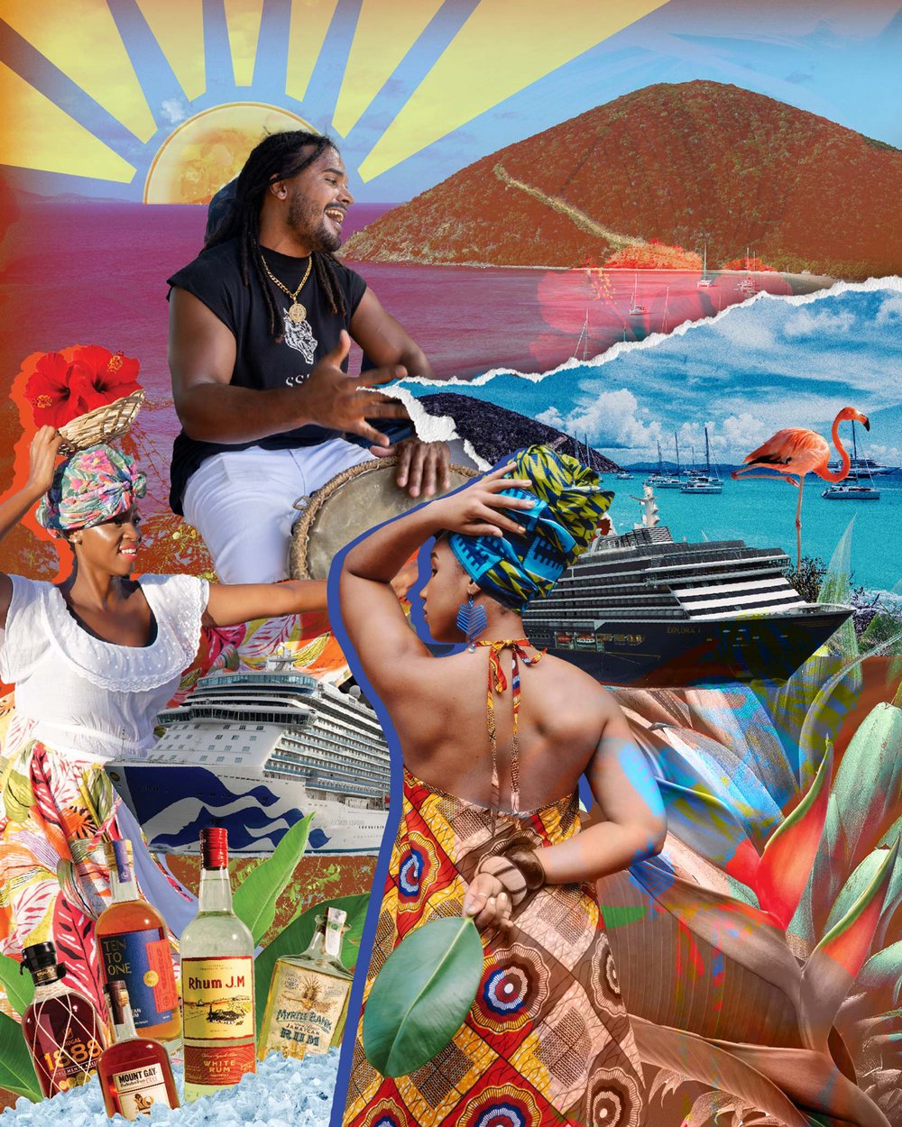 A collage including a woman wearing a colorful headtie, a drummer, a dancer, two cruise ships, and Caribbean rum bottles.