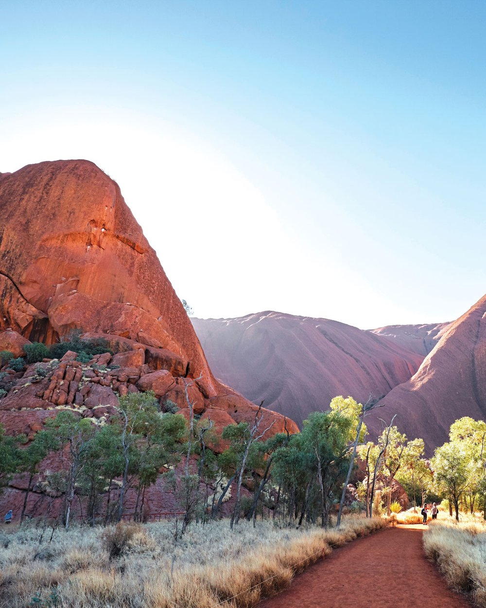 Red sandstone cliffs line a red dirt path en route to Mutitjulu Waterhole in Uluru.