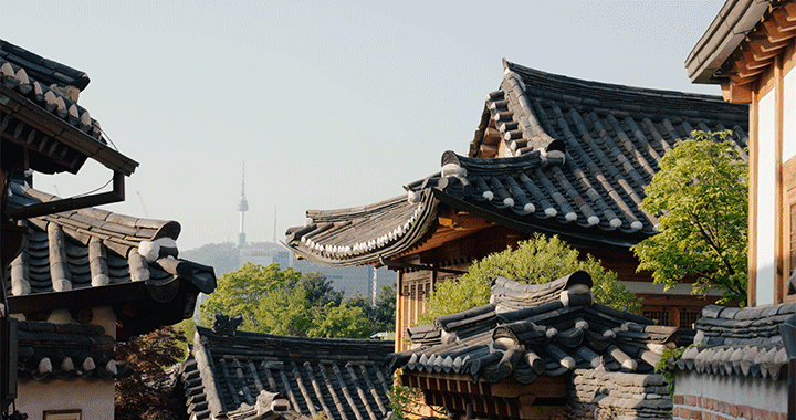 A slide show of traditional hanok rooftops, pedestrians on a Busan bridge, Gyeongbokgung Palace at sunset, and anju from Mr. Ahn’s Craft Makgeolli.