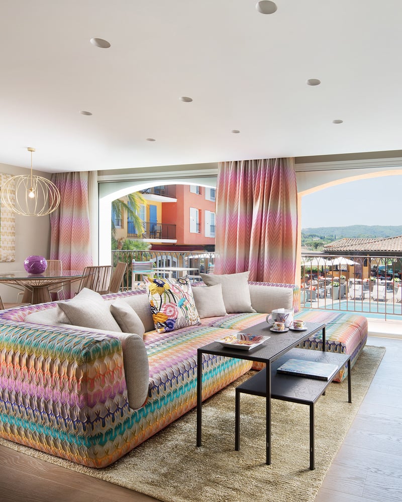 The Missoni Suite at Hotel Byblos Saint-Tropez has the brand’s signature pattern on a couch and window treatments.