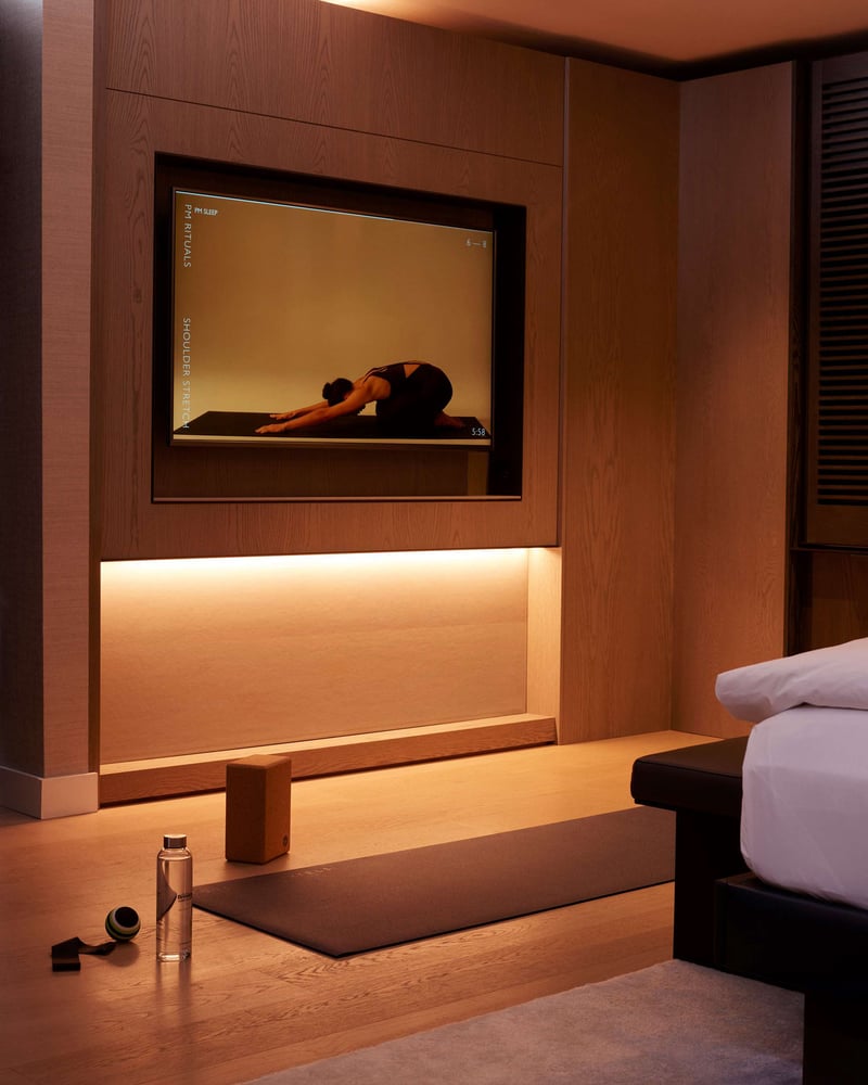 An in-room yoga setup at Equinox Hotel New York.