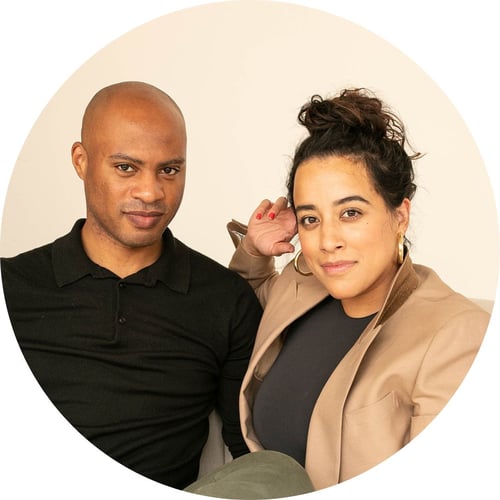 James Baker and Ash Sharma gaze at the camera, wearing neutral tones.