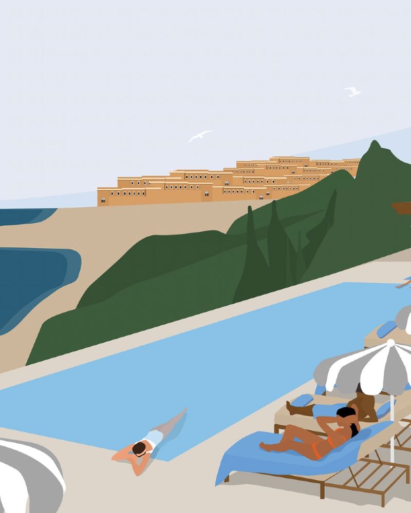 An illustration of hotel guests lounging by the pool at Four Seasons San Domenico Palace, Taormina. 