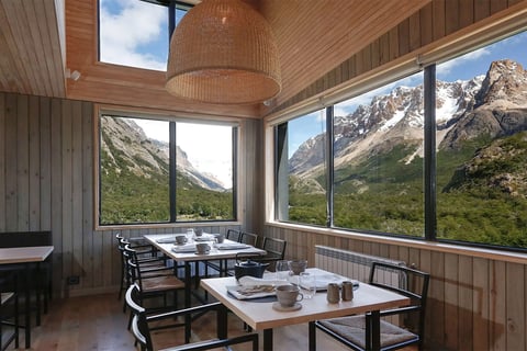 A restaurant with views of Patagonia's mountains.